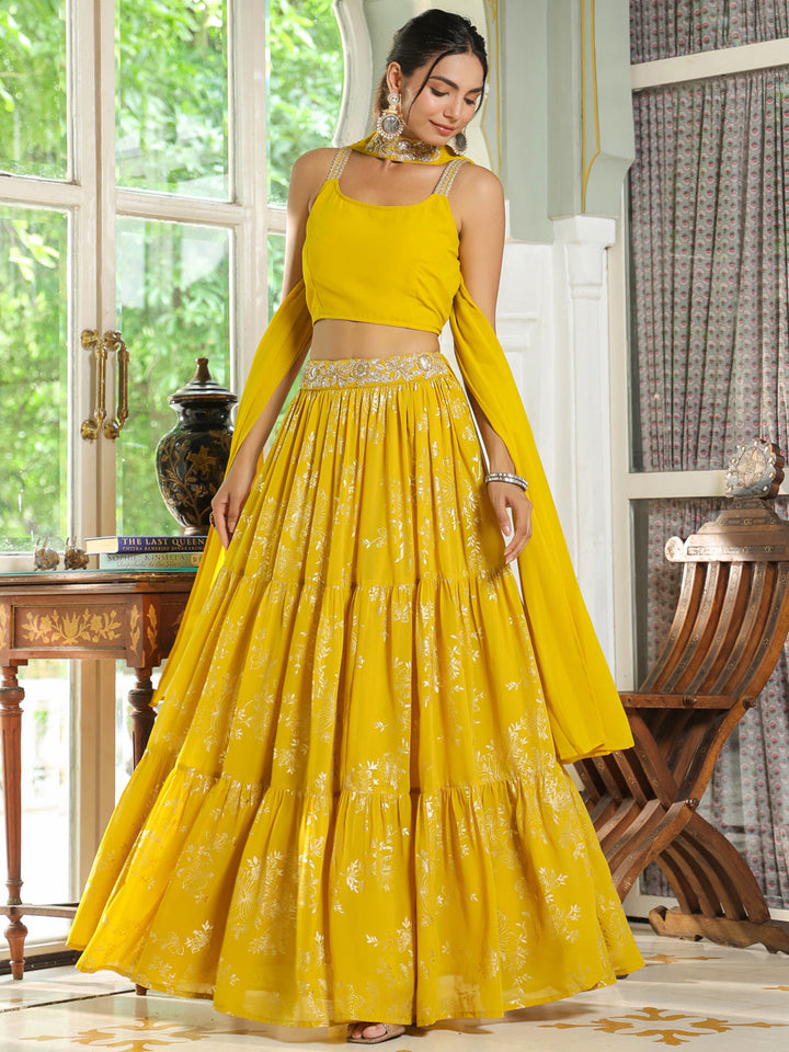 Yellow-Georgette-Solid-Sleeveless-Lehenga-Set