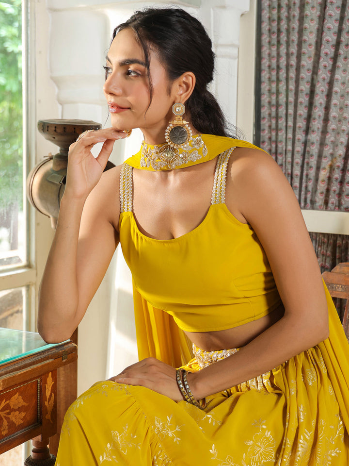 Yellow-Georgette-Solid-Sleeveless-Lehenga-Set