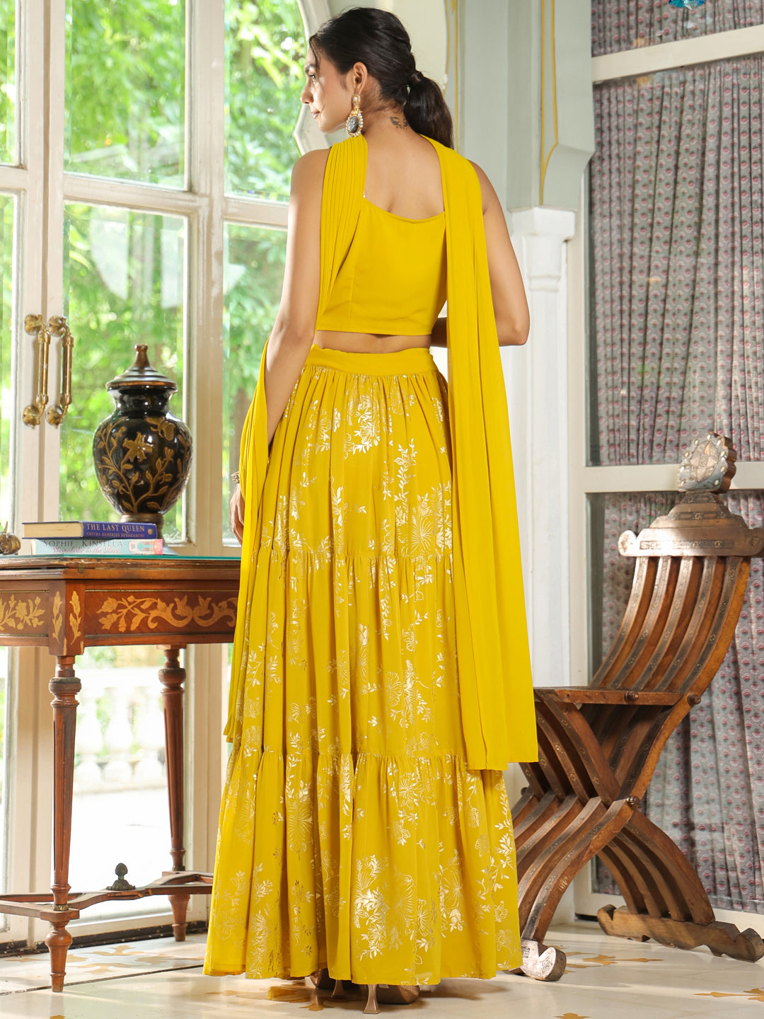 Yellow-Georgette-Solid-Sleeveless-Lehenga-Set