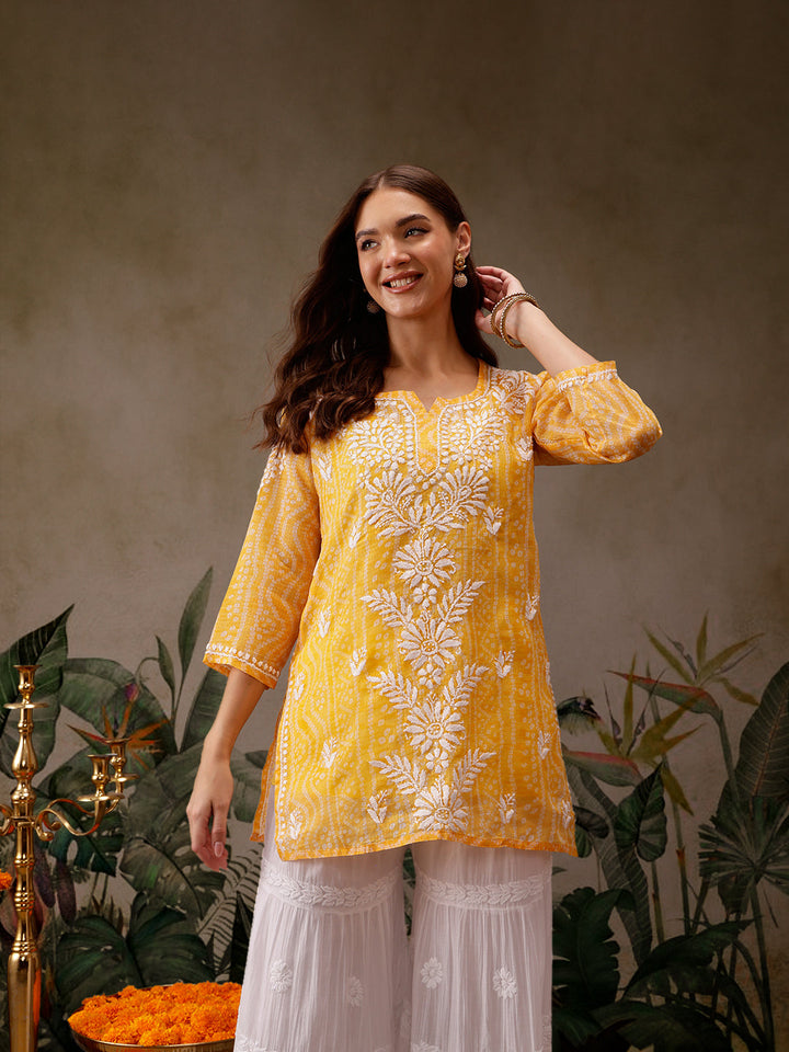 Yellow Kota Lucknowi Chikankari Tunic With Inner Slip