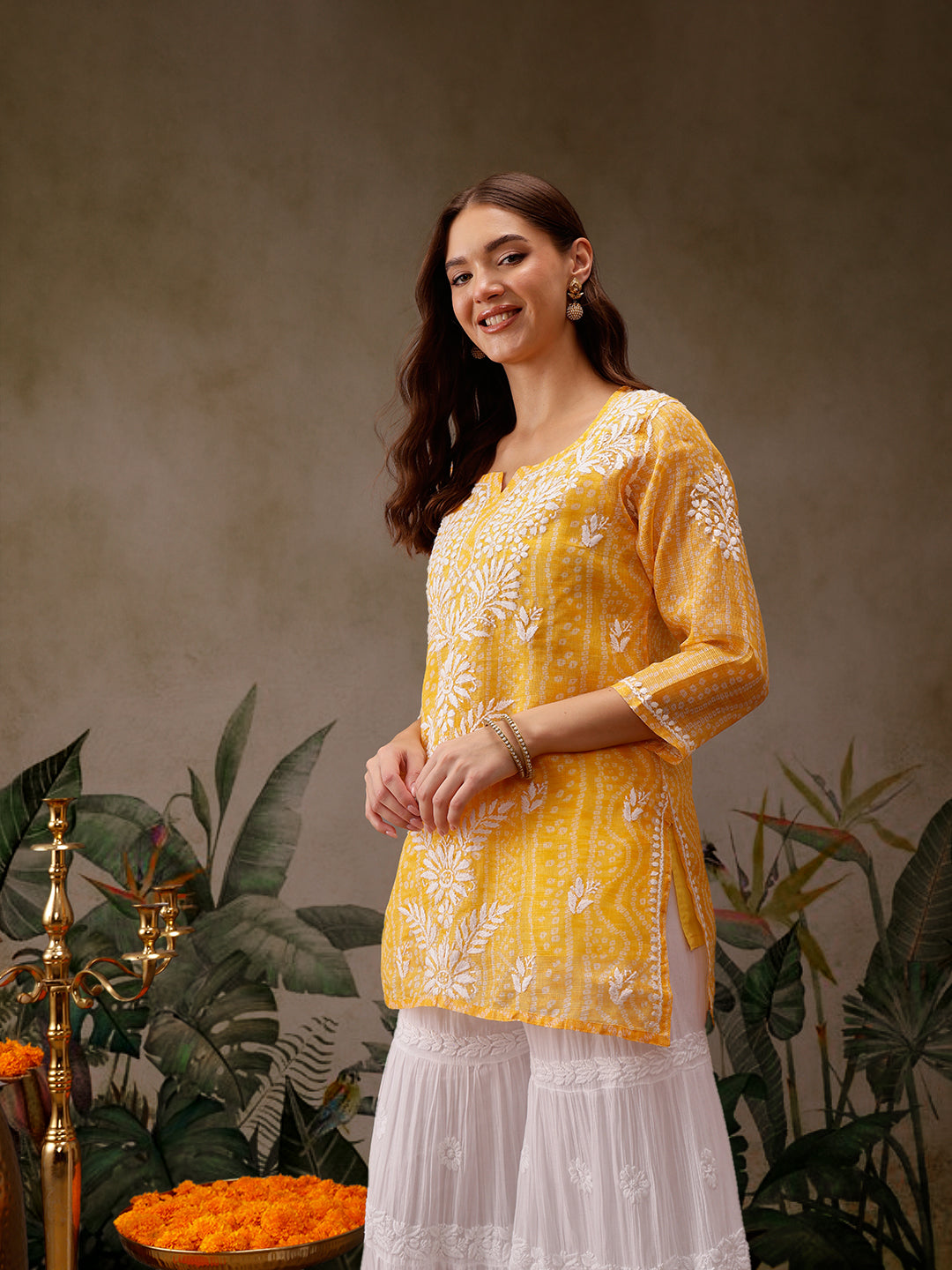 Yellow Kota Lucknowi Chikankari Tunic With Inner Slip