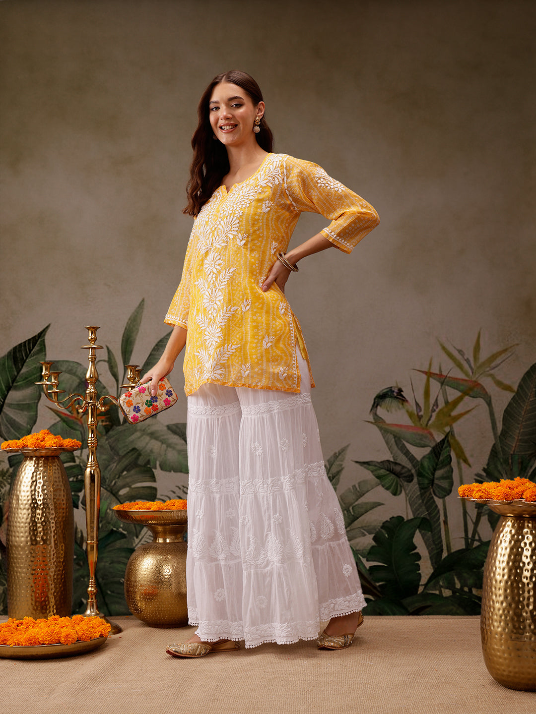 Yellow Kota Lucknowi Chikankari Tunic With Inner Slip