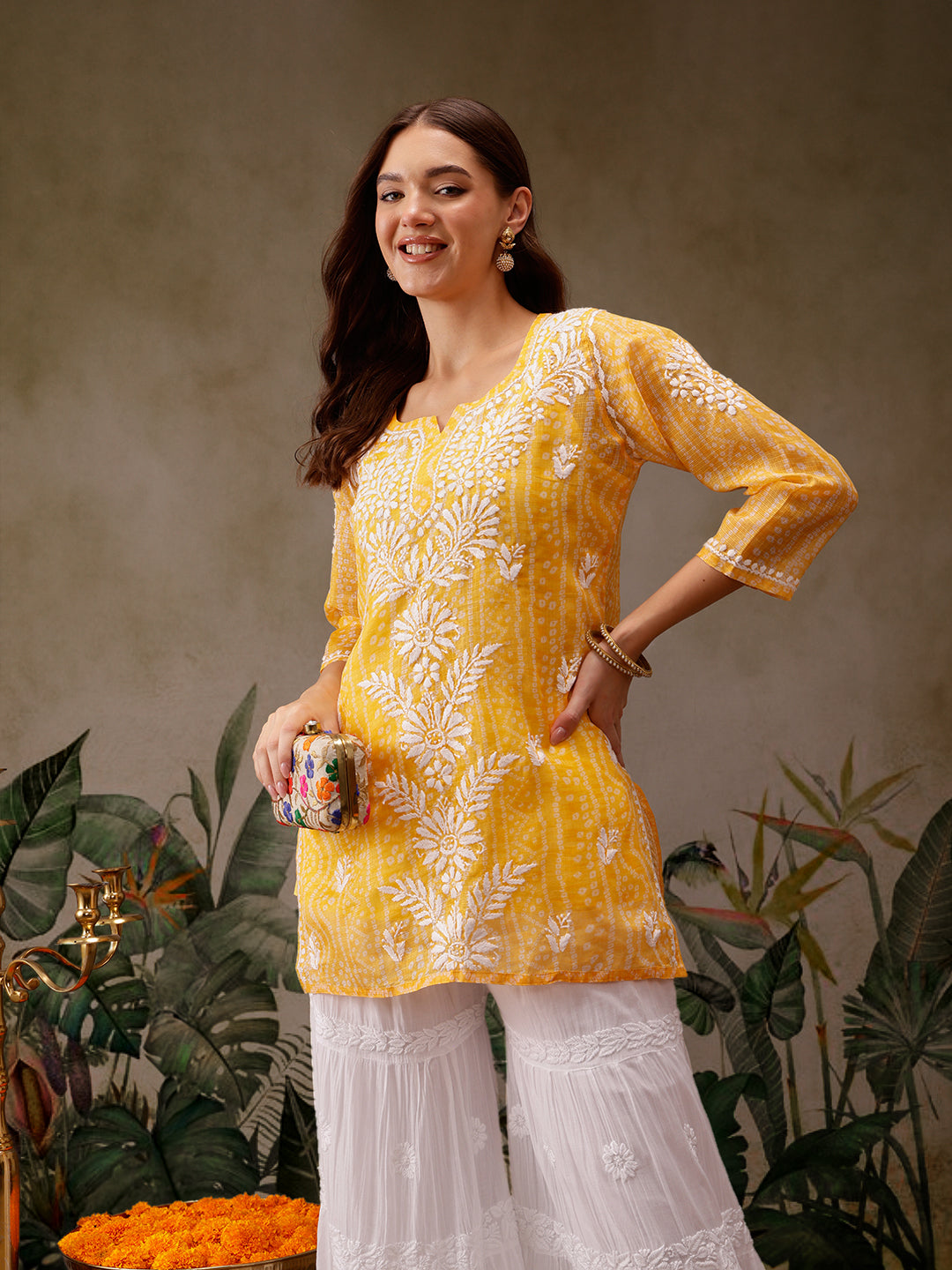 Yellow Kota Lucknowi Chikankari Tunic With Inner Slip