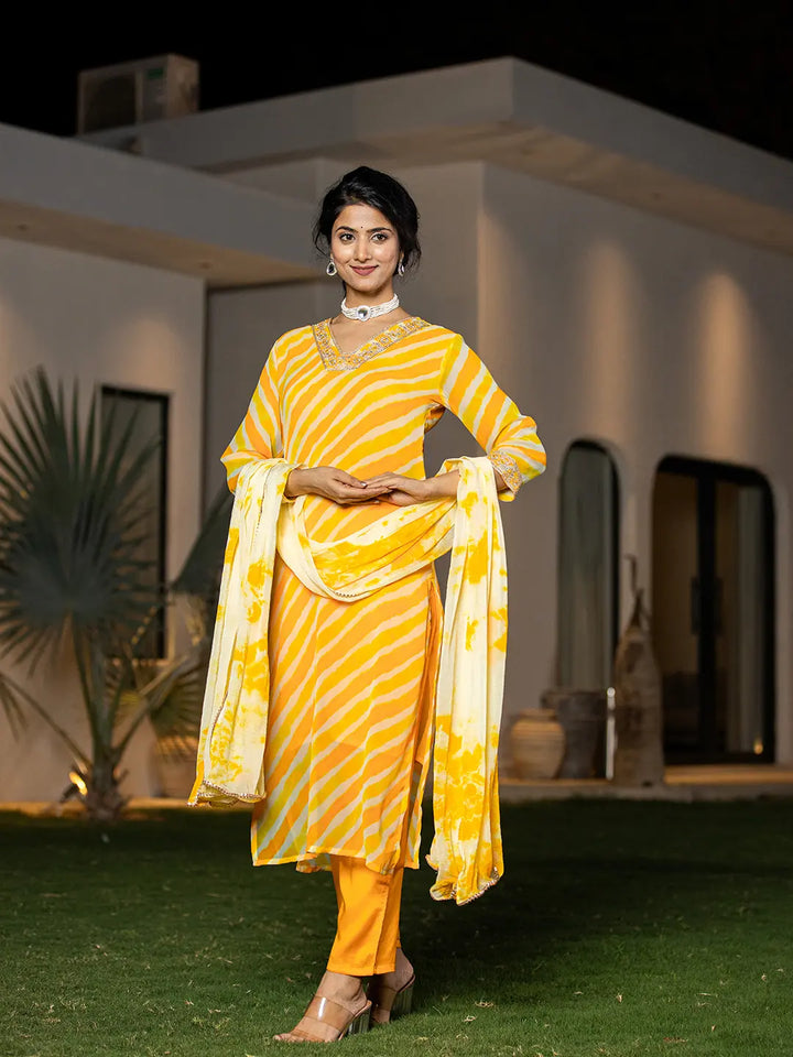 Yellow-Poly-Georgette-Leheriya-Print-3-Piece-Kurta-Set