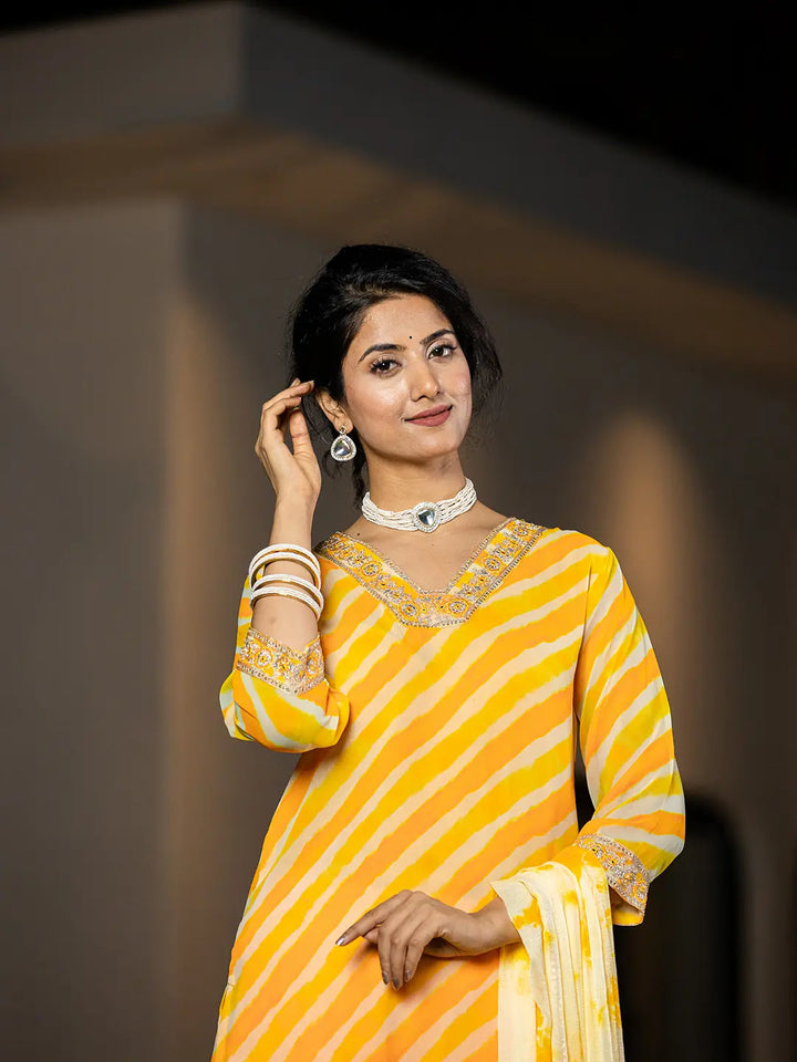 Yellow-Poly-Georgette-Leheriya-Print-3-Piece-Kurta-Set