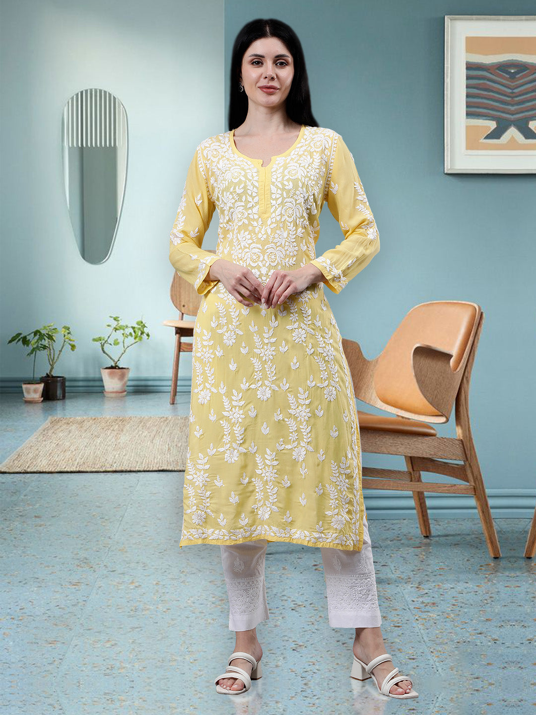 Yellow-Modal-Embroidered-Chikankari-Kurti