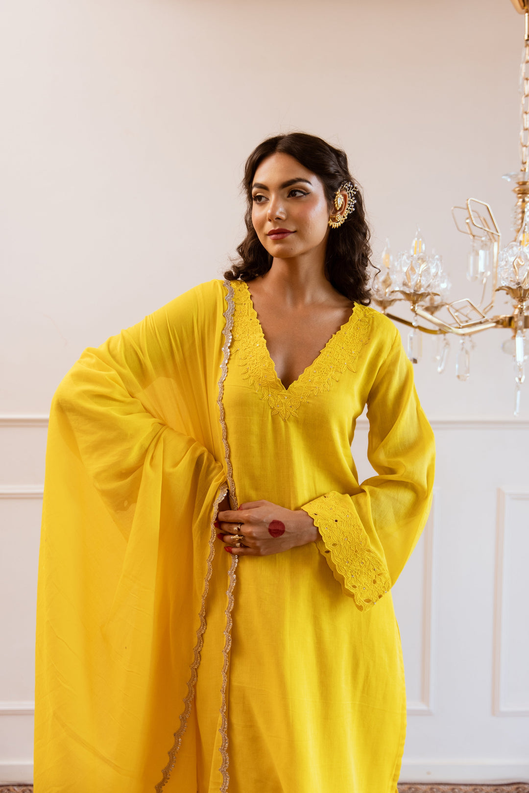 Yellow-Mulmul-Embroidered-3-Piece-Kurta-Set