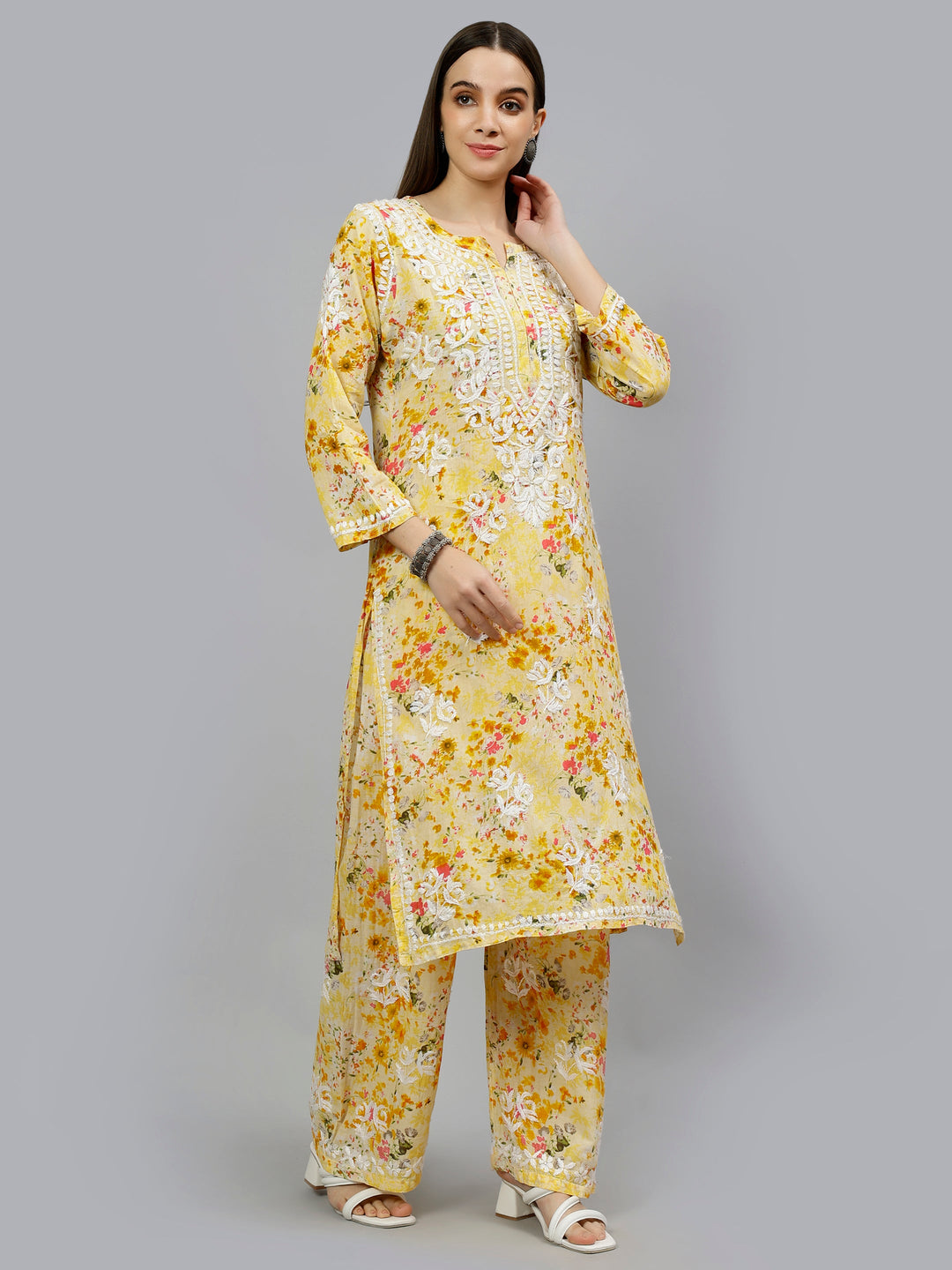 Yellow-Mulmul-Embroidered-Chikankari-Kurta-&-Palazzo-Set