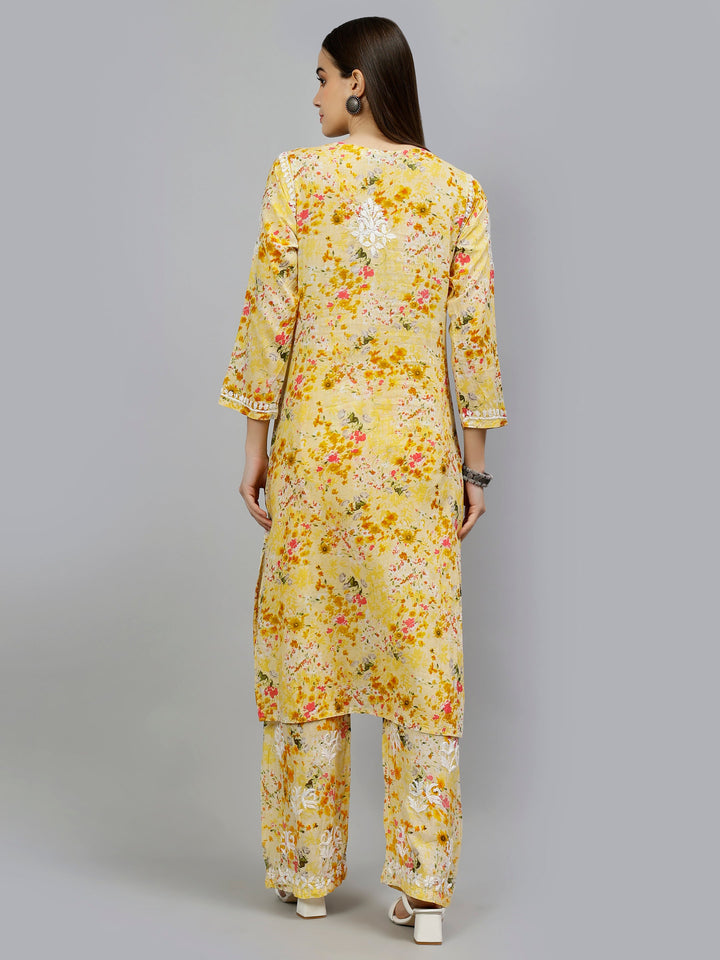 Yellow-Mulmul-Embroidered-Chikankari-Kurta-&-Palazzo-Set