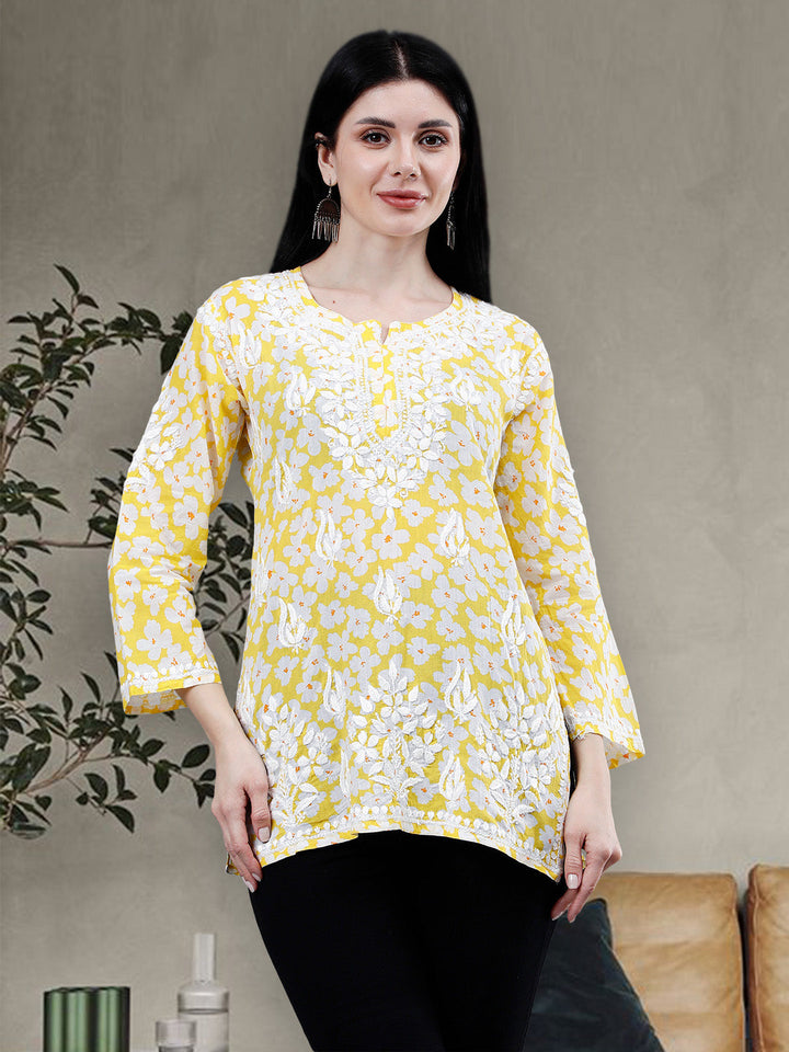 Yellow-Mulmul-Embroidered-Chikankari-Short-Tunic