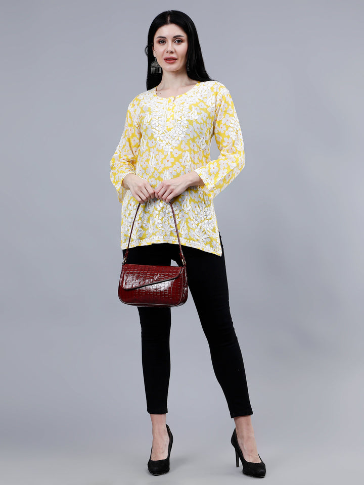 Yellow-Mulmul-Embroidered-Chikankari-Short-Tunic