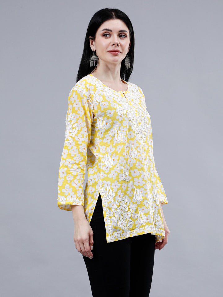 Yellow-Mulmul-Embroidered-Chikankari-Short-Tunic