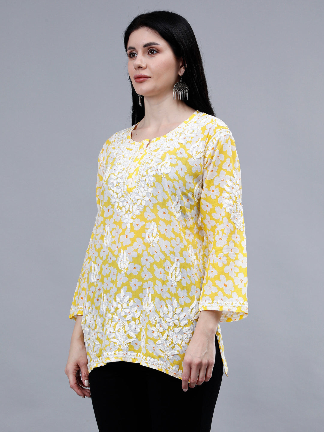 Yellow-Mulmul-Embroidered-Chikankari-Short-Tunic