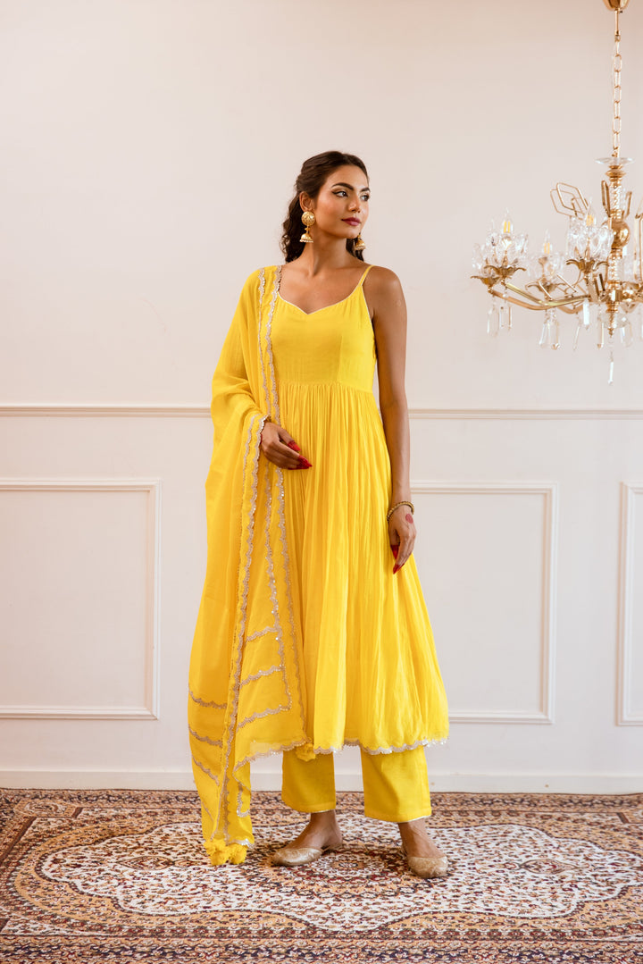 Yellow-Mulmul-Gotta-Patti-Work-Strappy-Anarkali-Set