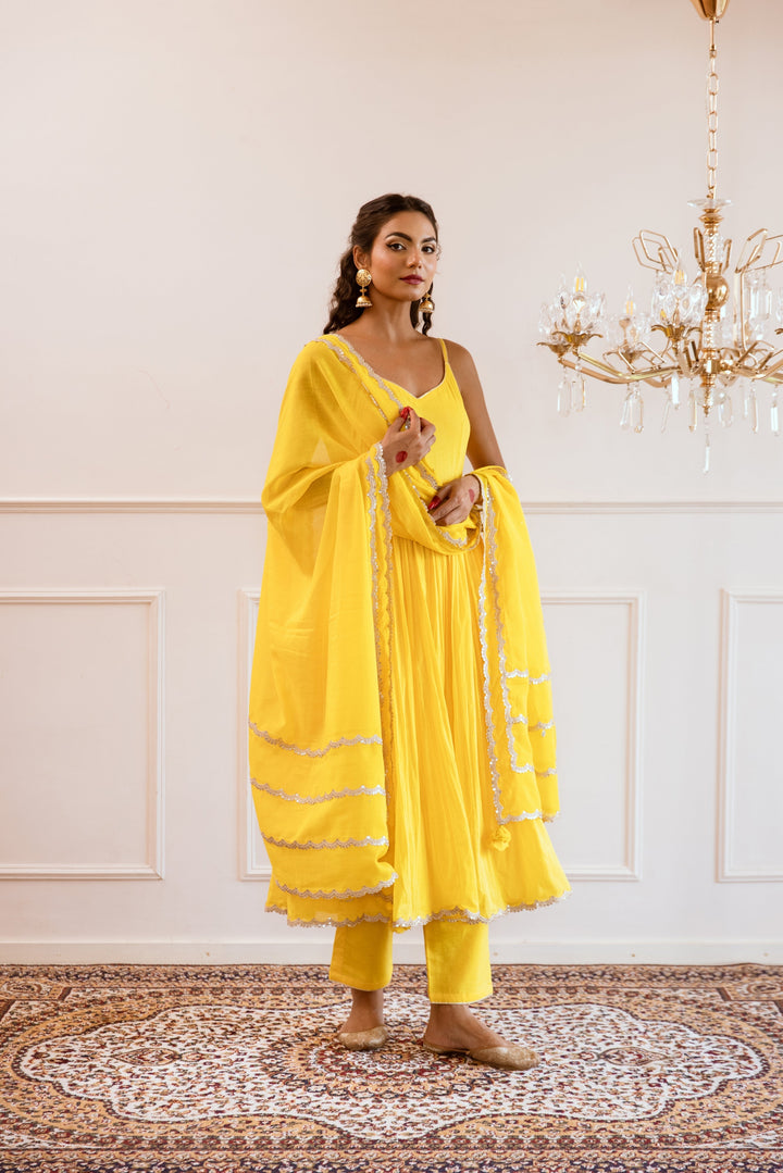 Yellow-Mulmul-Gotta-Patti-Work-Strappy-Anarkali-Set