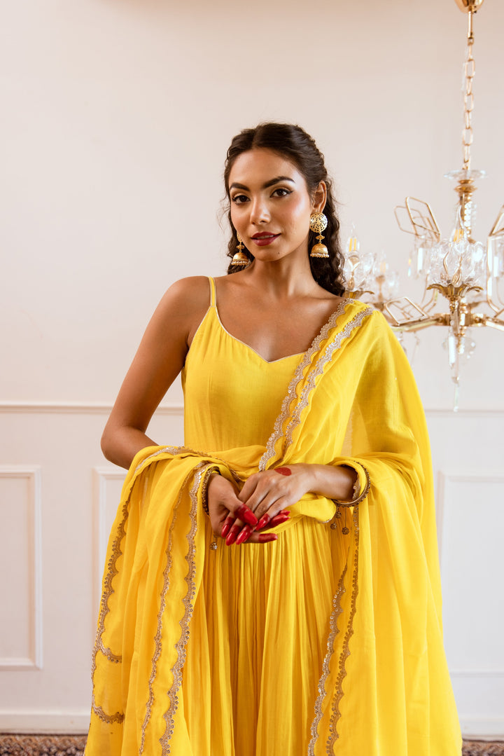 Yellow-Mulmul-Gotta-Patti-Work-Strappy-Anarkali-Set