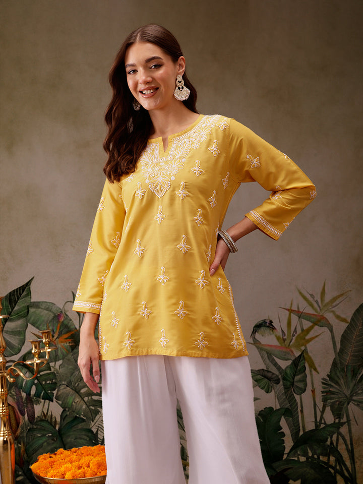 Yellow Muslin Lucknowi Chikankari Tunic Only