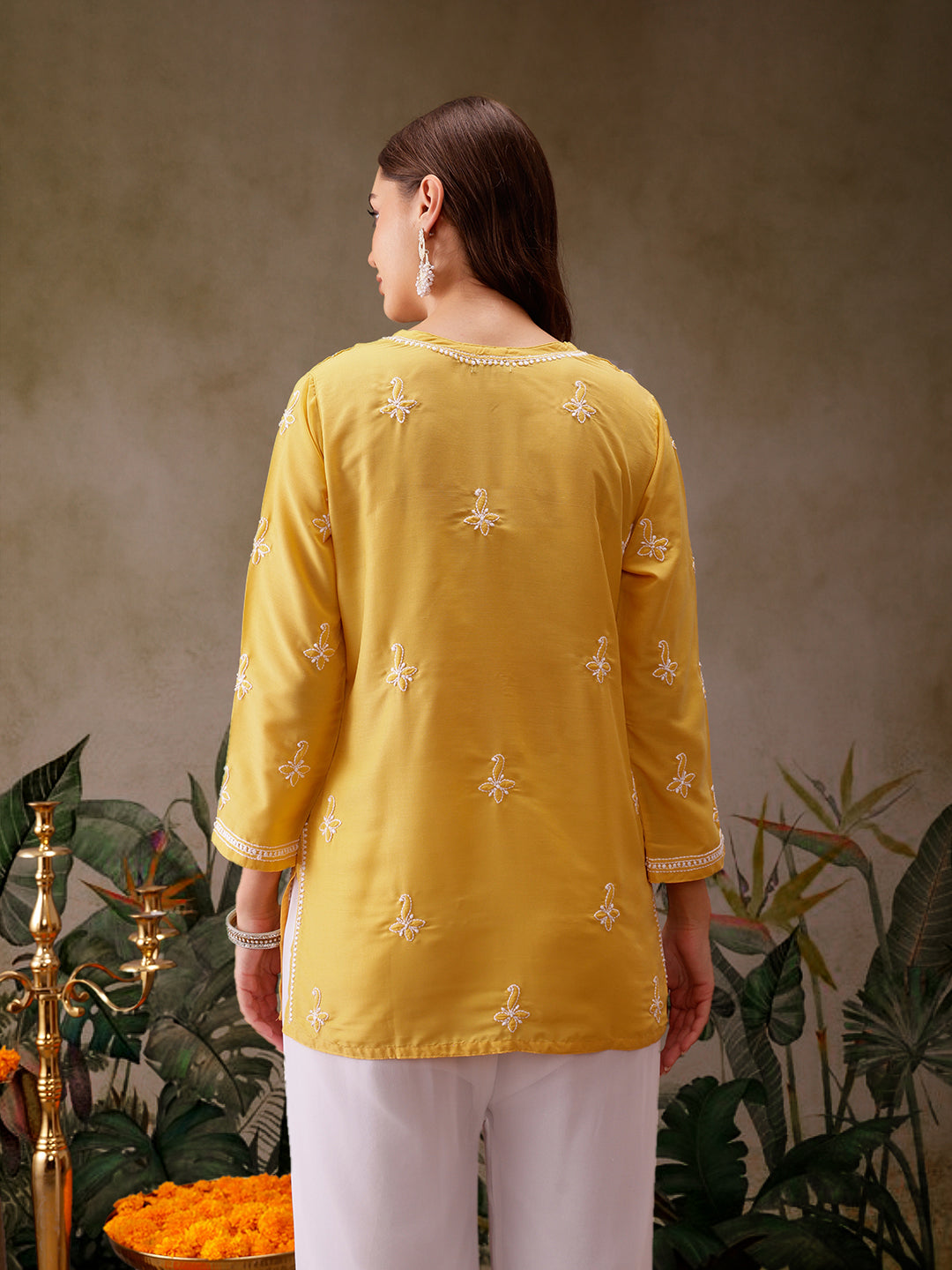 Yellow Muslin Lucknowi Chikankari Tunic Only