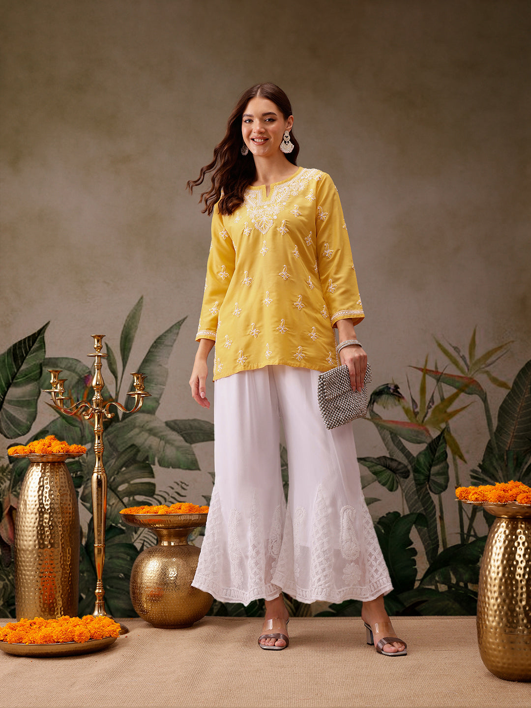 Yellow Muslin Lucknowi Chikankari Tunic Only