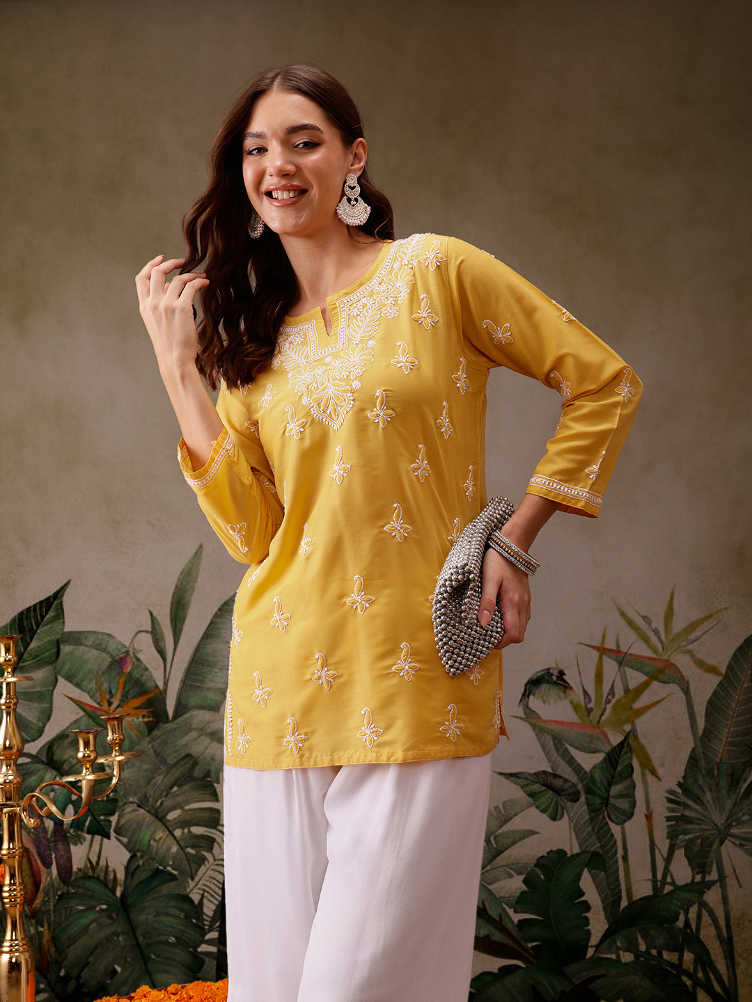 Yellow Muslin Lucknowi Chikankari Tunic Only