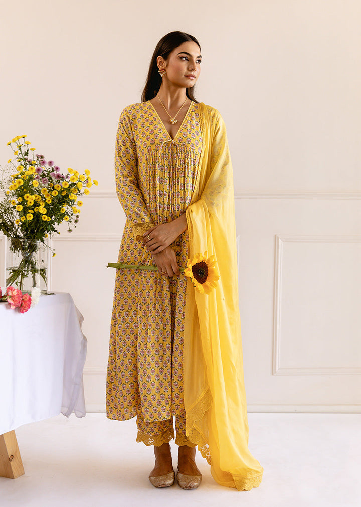 Yellow-Muslin-Silk-Printed-Cross-Gathered-Anarkali-Set