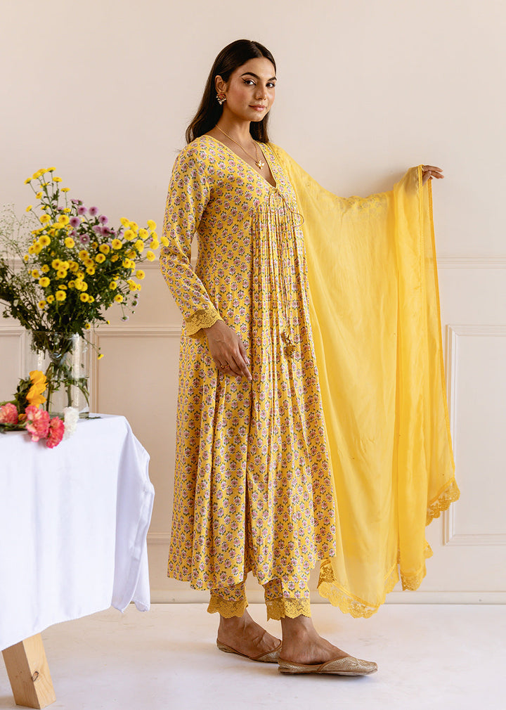 Yellow-Muslin-Silk-Printed-Cross-Gathered-Anarkali-Set