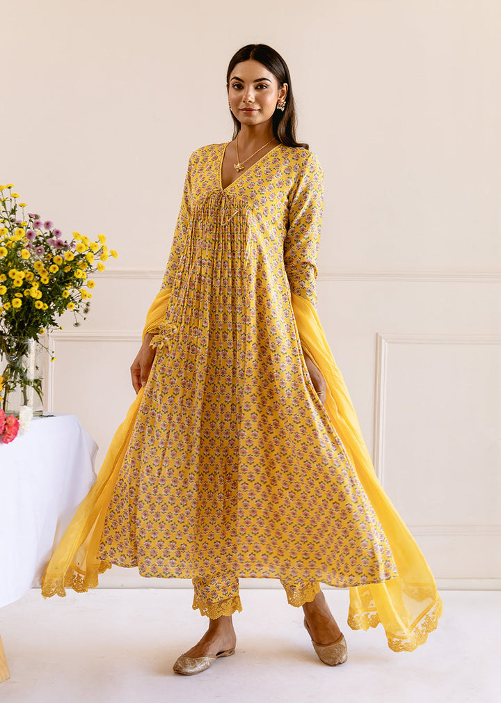 Yellow-Muslin-Silk-Printed-Cross-Gathered-Anarkali-Set