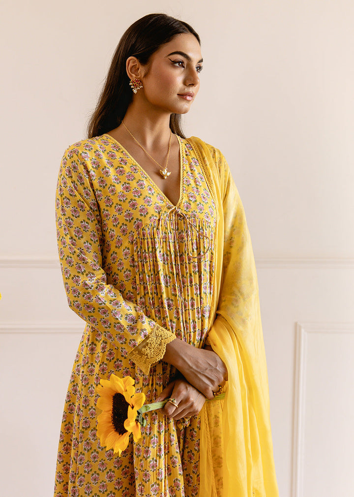 Yellow-Muslin-Silk-Printed-Cross-Gathered-Anarkali-Set