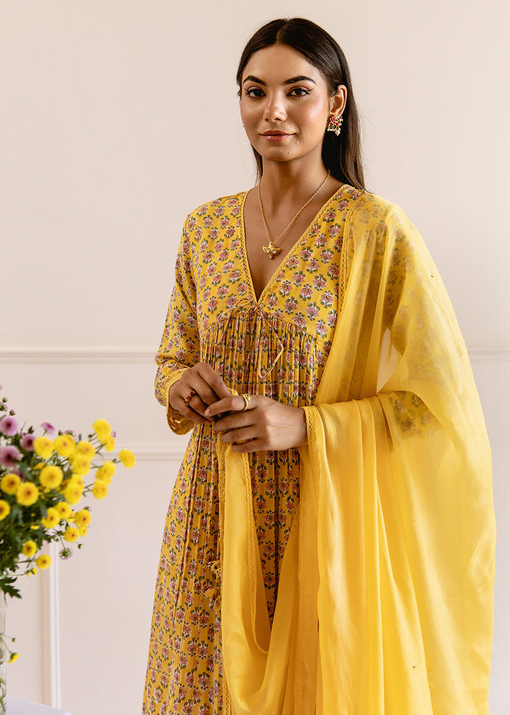 Yellow-Muslin-Silk-Printed-Cross-Gathered-Anarkali-Set