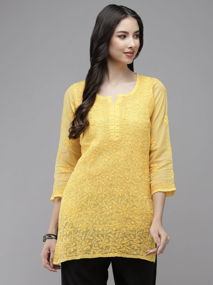 Yellow Original Kota Chikankari Tunic With Slip