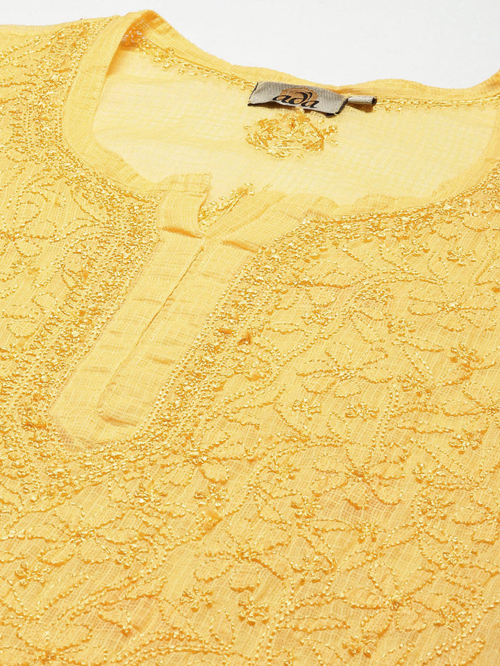 Yellow Original Kota Chikankari Tunic With Slip