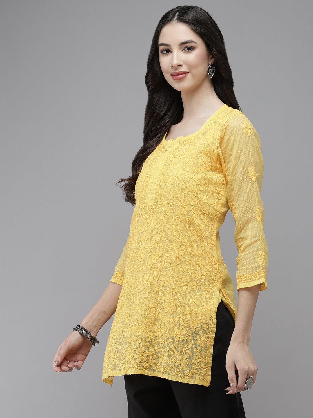 Yellow Original Kota Chikankari Tunic With Slip