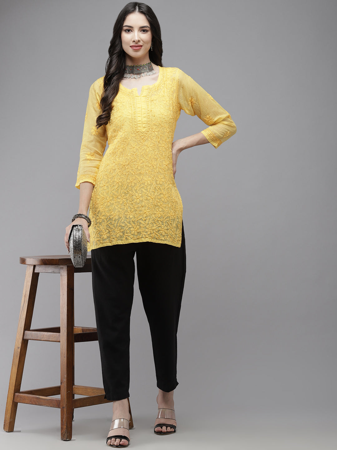 Yellow Original Kota Chikankari Tunic With Slip