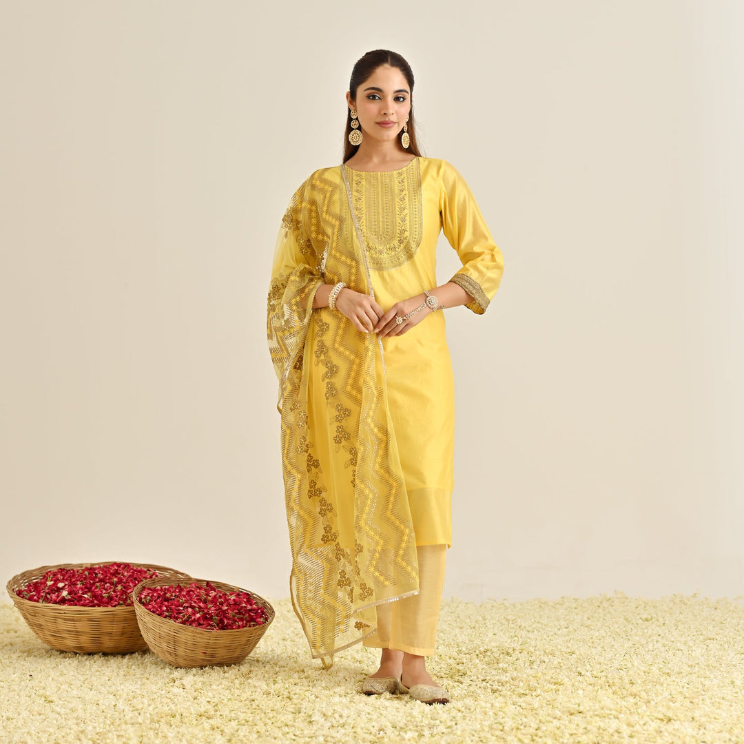 Yellow-Poly-Chanderi-Embroidered-Yoke-Detail-3-Piece-Kurta-Set