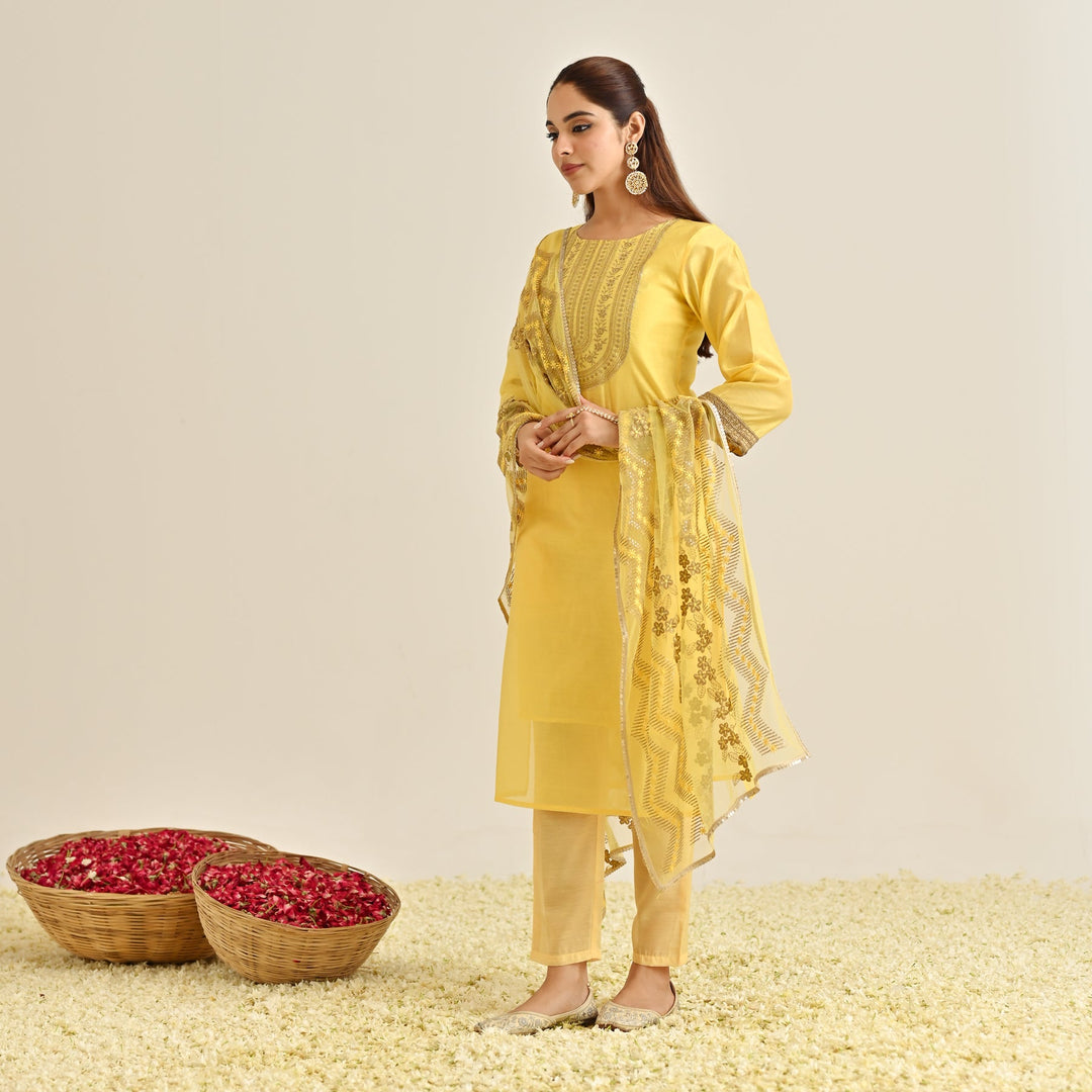 Yellow-Poly-Chanderi-Embroidered-Yoke-Detail-3-Piece-Kurta-Set