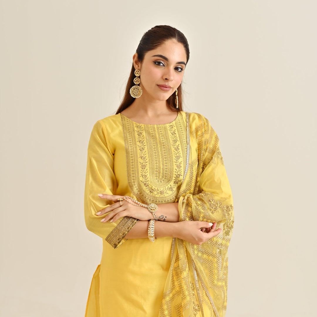 Yellow-Poly-Chanderi-Embroidered-Yoke-Detail-3-Piece-Kurta-Set