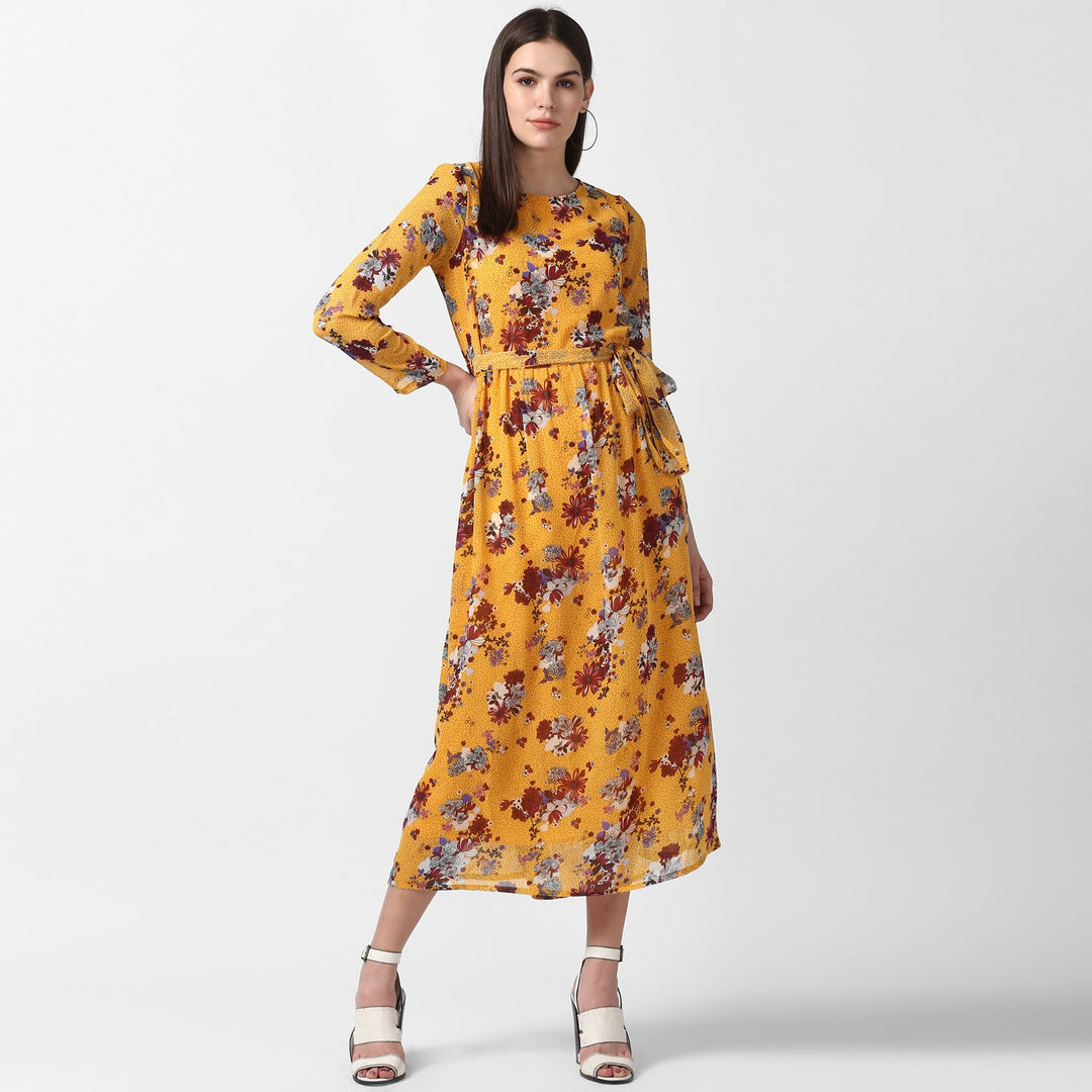 Yellow-Polyester-Floral-Chiffon-Dress-with-Belt