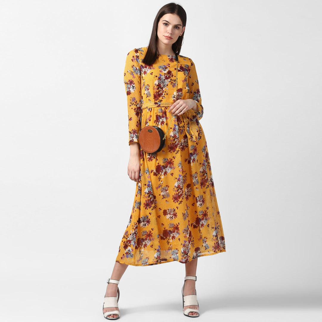 Yellow-Polyester-Floral-Chiffon-Dress-with-Belt