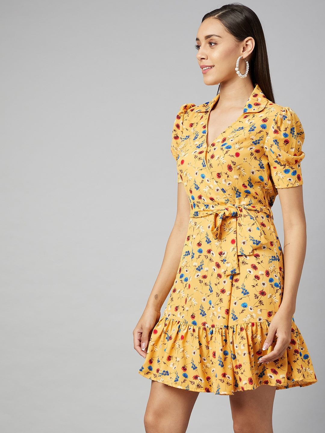 Yellow-Polyester-Floral-Overlap-Dress