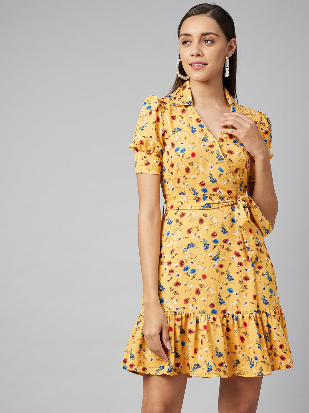 Yellow-Polyester-Floral-Overlap-Dress