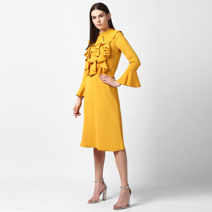 Yellow-Polyester-Front-Ruffle-Bell-Sleeve-Dress