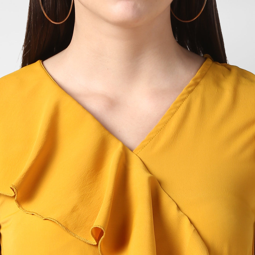 Yellow-Polyester-Front-Ruffle-Dress