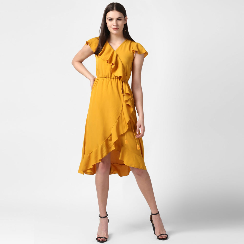 Yellow-Polyester-Front-Ruffle-Dress