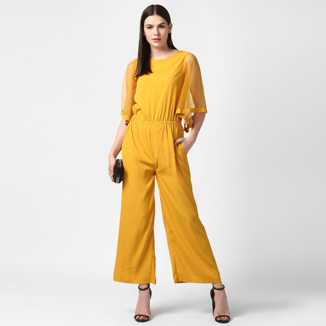 Yellow-Polyester-Jumpsuit-with-Net-Sleeves