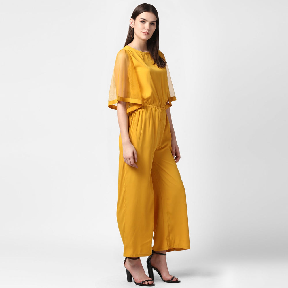 Yellow-Polyester-Jumpsuit-with-Net-Sleeves