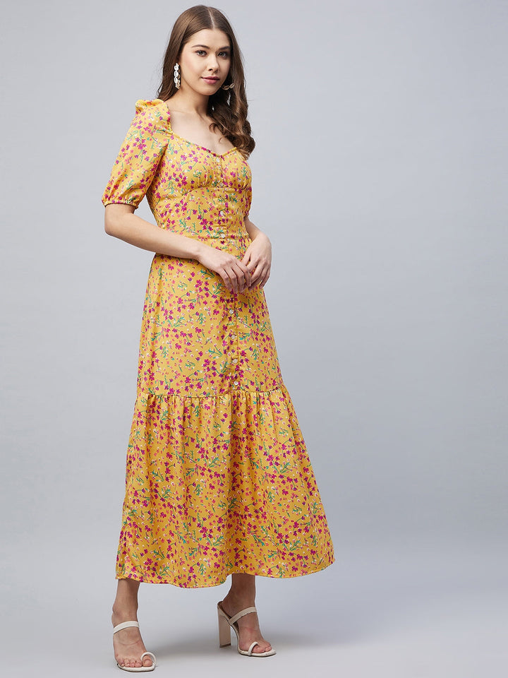 Yellow-Polyester-Moss-Floral-Maxi-Dress
