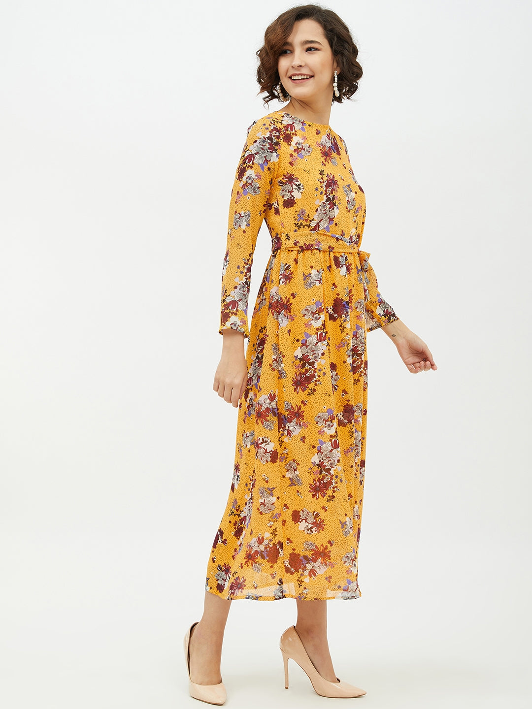 Yellow-Polyester-Printed-Floral-Long-Dress