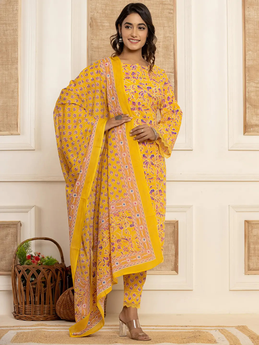 Yellow-Cotton-Printed-Pakistani-Style-3-Piece-Kurta-Set