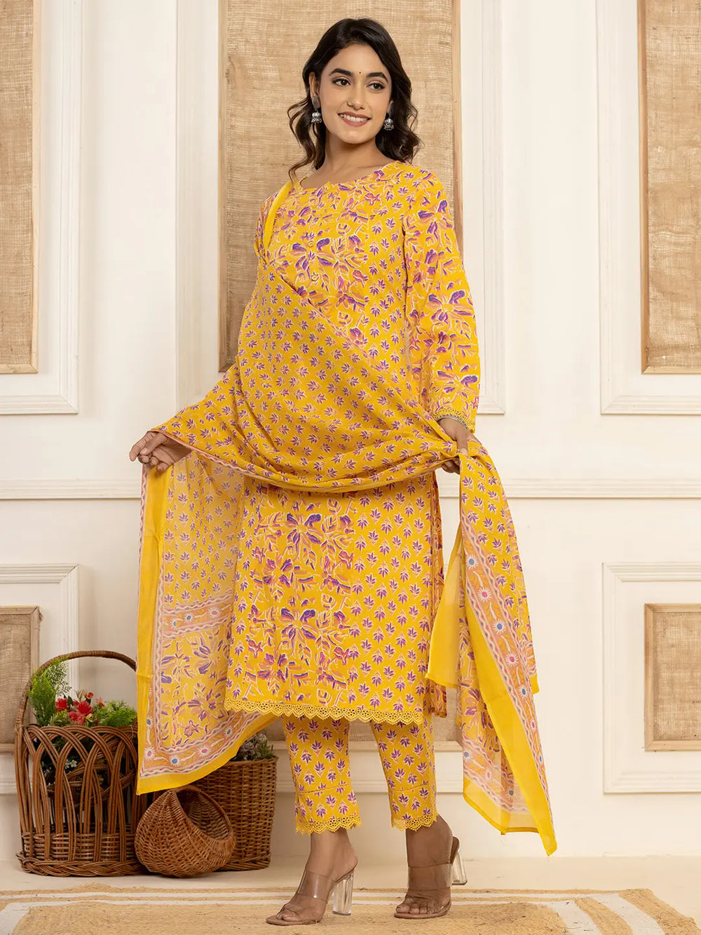 Yellow-Cotton-Printed-Pakistani-Style-3-Piece-Kurta-Set