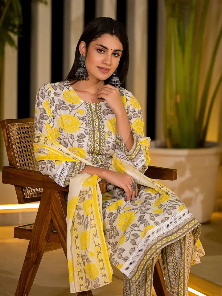 Yellow-Pure-Cotton-Floral-Print-3-Piece-Kurta-Set